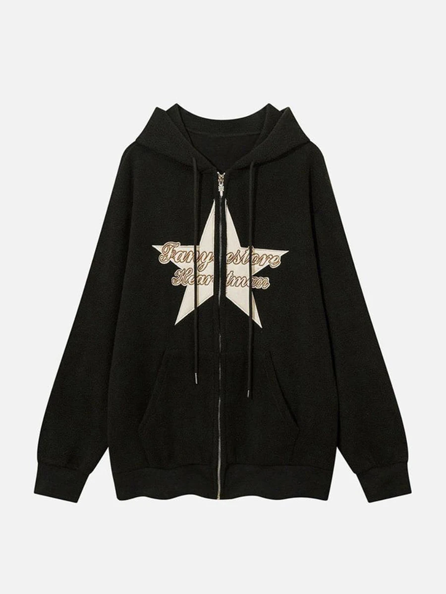 Women's Retro Trial Hoodie Long Sleeve Hooded Embroidered Star Letter Print Sweatshirt Casual Jacket Jacket with Pockets