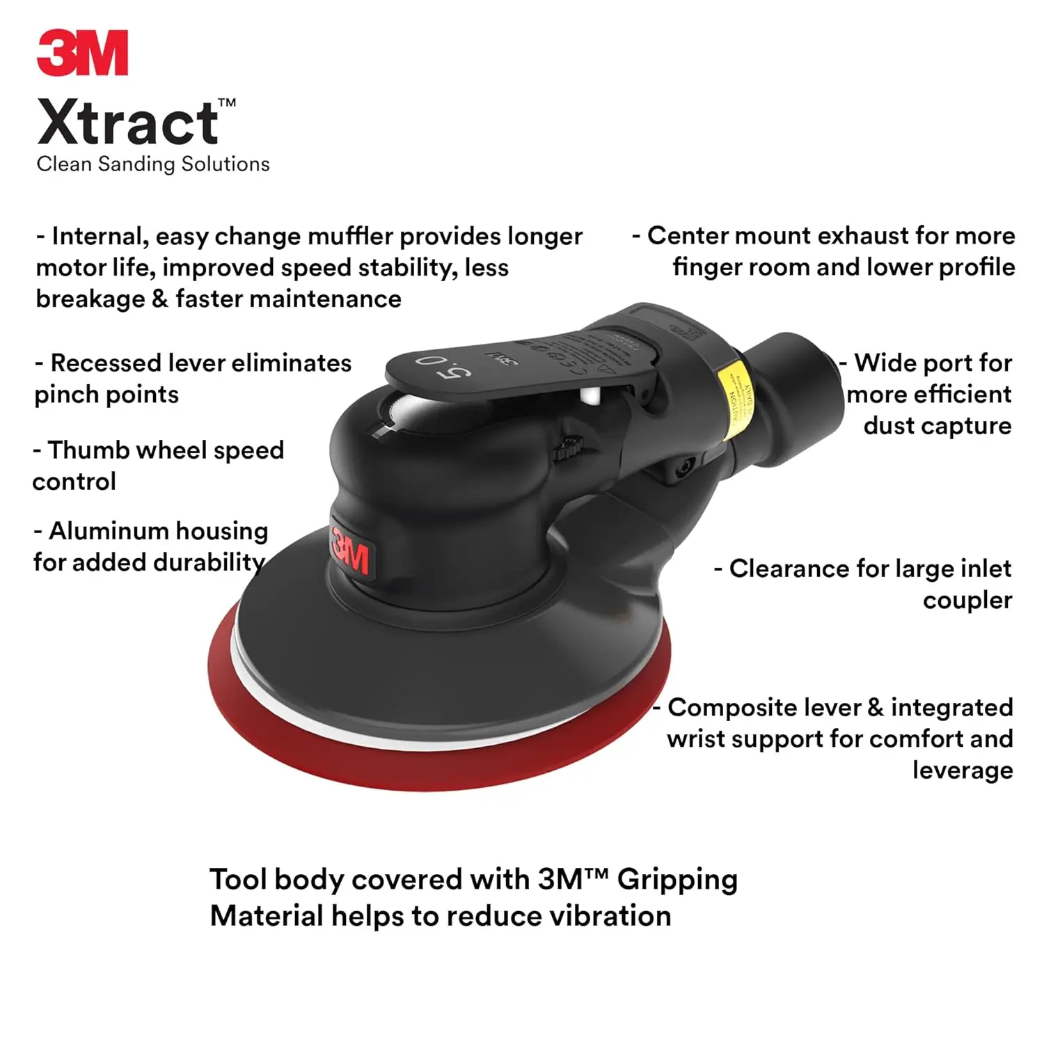 Random Orbital Sander, Pneumatic 88943, 5 in, with Central Vacuum Attachment, 5/16 in Orbit, Ergonomic and Lightweight ROS, .28