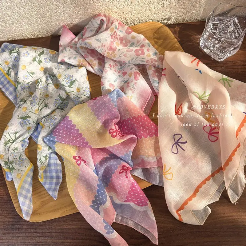 

Literary Cotton and Hemp Garden Style Flower Headscarf with High Sense Tie Hair Band Silk Scarf Square Headbands for Women