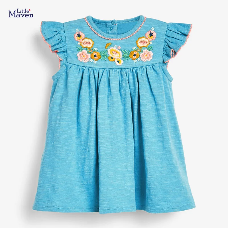 Little maven Baby Girls 2024 Casual Clothes Children Lovely Blue Flower Dress Cotton for Kids 2-7 year