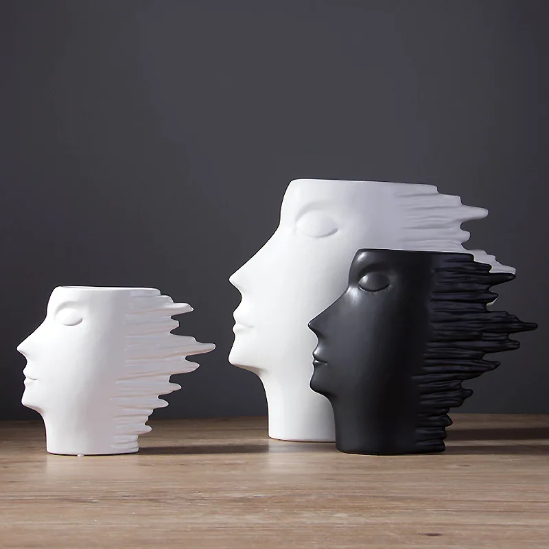 Ceramic ornament sculpture Creative handicrafts vase Nordic home decor black white matte face vase American avatar soft decor