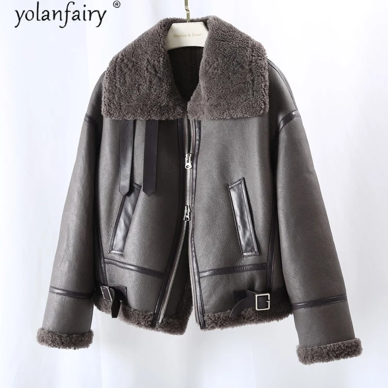 Abrigo de piel auténtica para mujer, chaqueta de piel de cordero para motocicleta, abrigo de piel de oveja, chaquetas cálidas, 2023 KJ