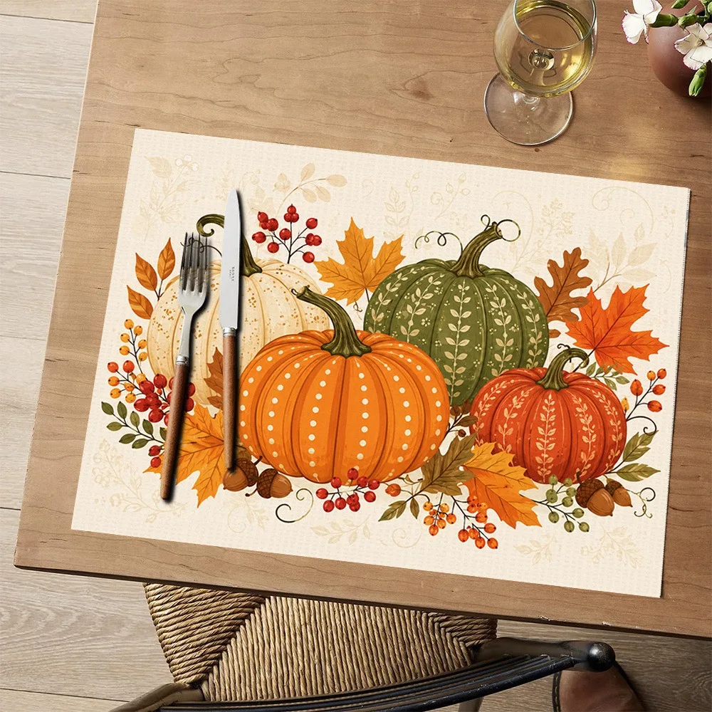 Dark Background Fall Pumpkin Table Mat Dahlia Maple Berry Print For Dining Table Decor Harvest Season Home Accessories 4/6/8pcs