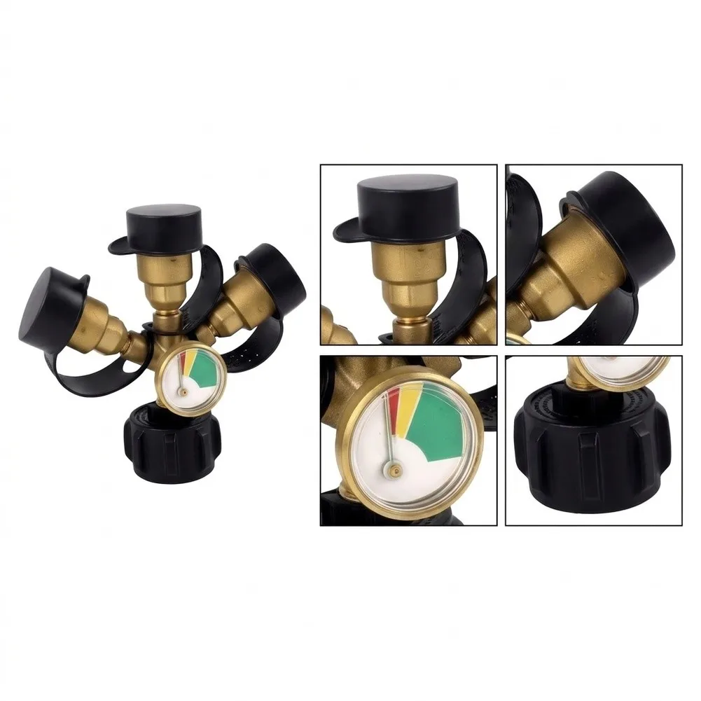 Propane Tank 3 Way Splitter with Bright LED Pressure Gauge and Gas Safety Valves for RV Grill Stove Lantern Use