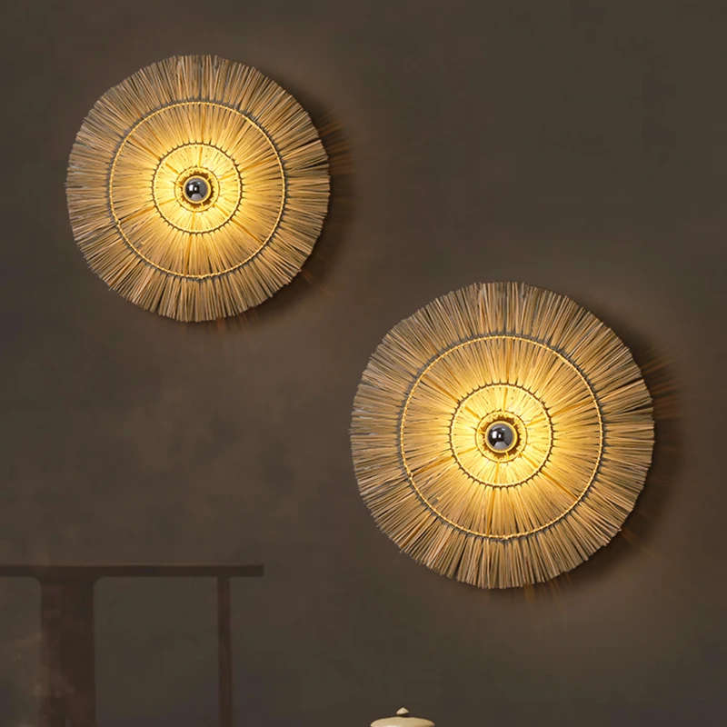 Handmade Grass Woven Circular LED Wall Lamp Ancient Home Living Room Background Wall Lighting Fixtures Dining Room Decor Lights