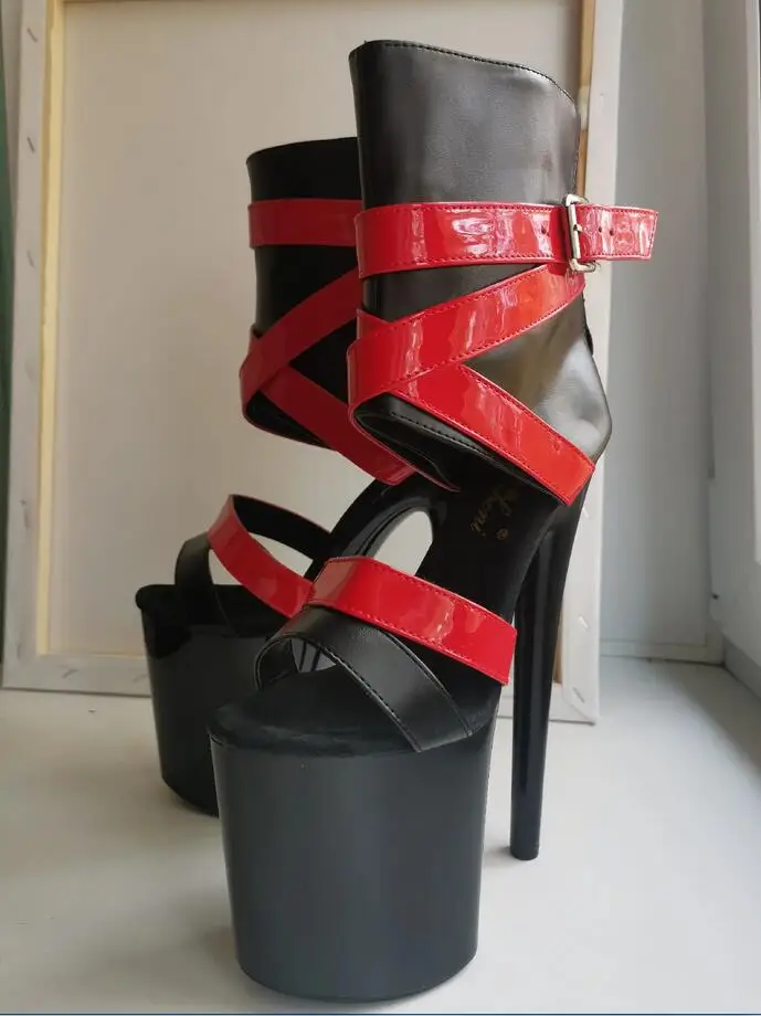 Big Size 8inch 20cm Heels Shoes Cross Dressing Patchwork Ankle Boots Open Toe Platform French Bulldog Print Crossbody Sexy Shoes