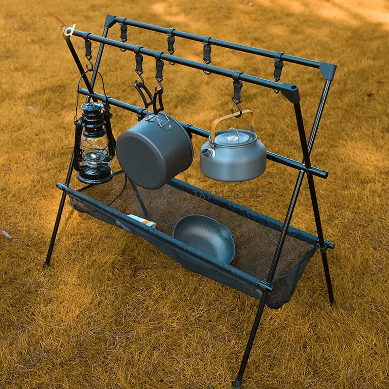 Multifunctional Camping Pot Rack, Foldable Triangle Storage Shelf with Mesh Drying Net for Outdoor Picnic, Cookware, Cups