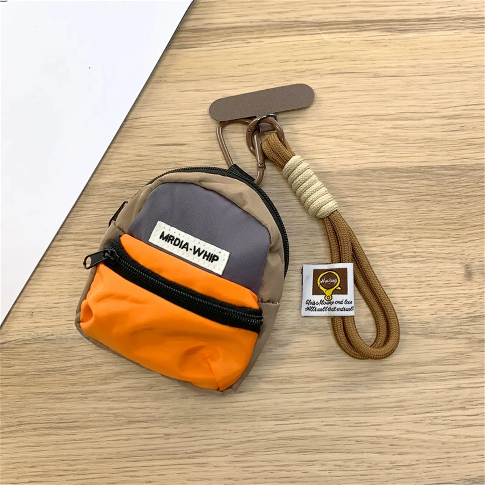 Mini Colorblock Coin Purse Khaki Orange Nylon Detachable Strap for Phone Cards Coin Storage Daily Commute Short Trips Outdoor