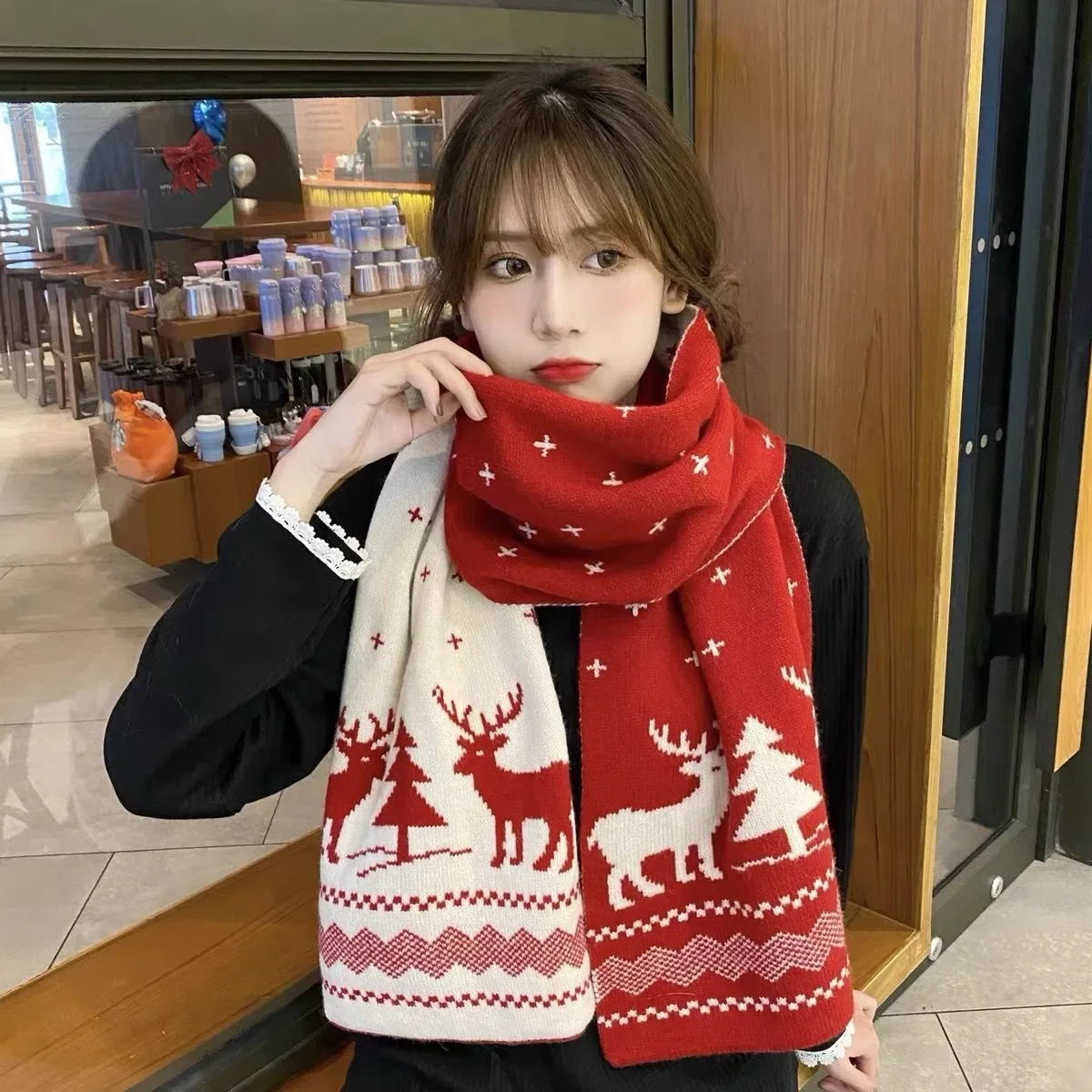 

Winter Warm Scarf for Women Men Deer Elk Double-Sided Knitted Scarves Fashion Versatile Woolen Shawl Girls Christmas Present