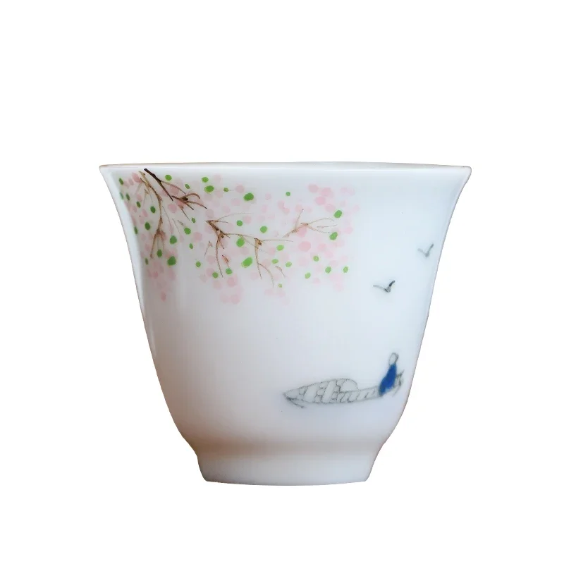 Chinese Handmade Ceramic Teacup Hand Painted Flower Pattern Tea Cup White Porcelain Tea Bowl Master Cup Household Tea Set