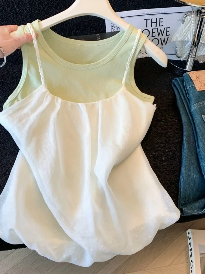 

Summer Color Block Layering Two-Piece Set Women's round Neck Sleeveless Shoulder Bared Vest Luxury Polka Dot Bloom Strap Top