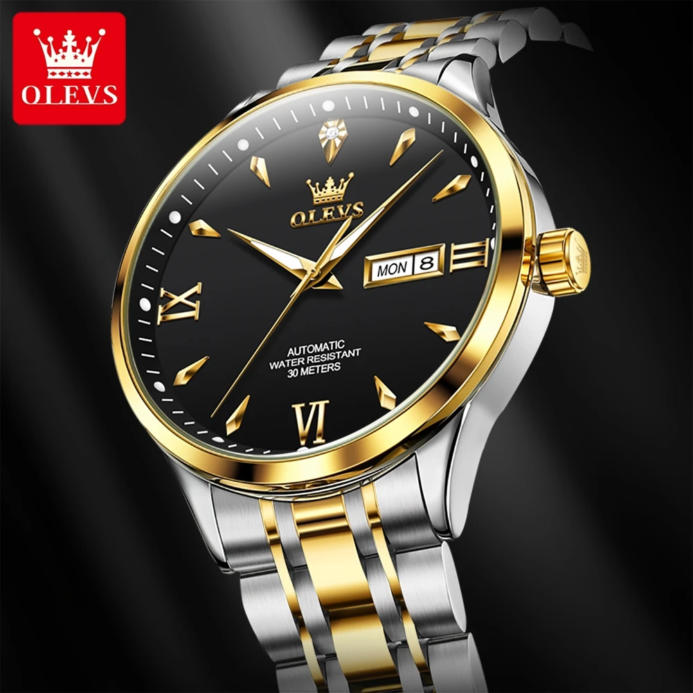 OLEVS 9956 Men\'s Watches Dual Calendar Display High Quality Stainless steel Automatic Mechanical Watch for Men Business Dress