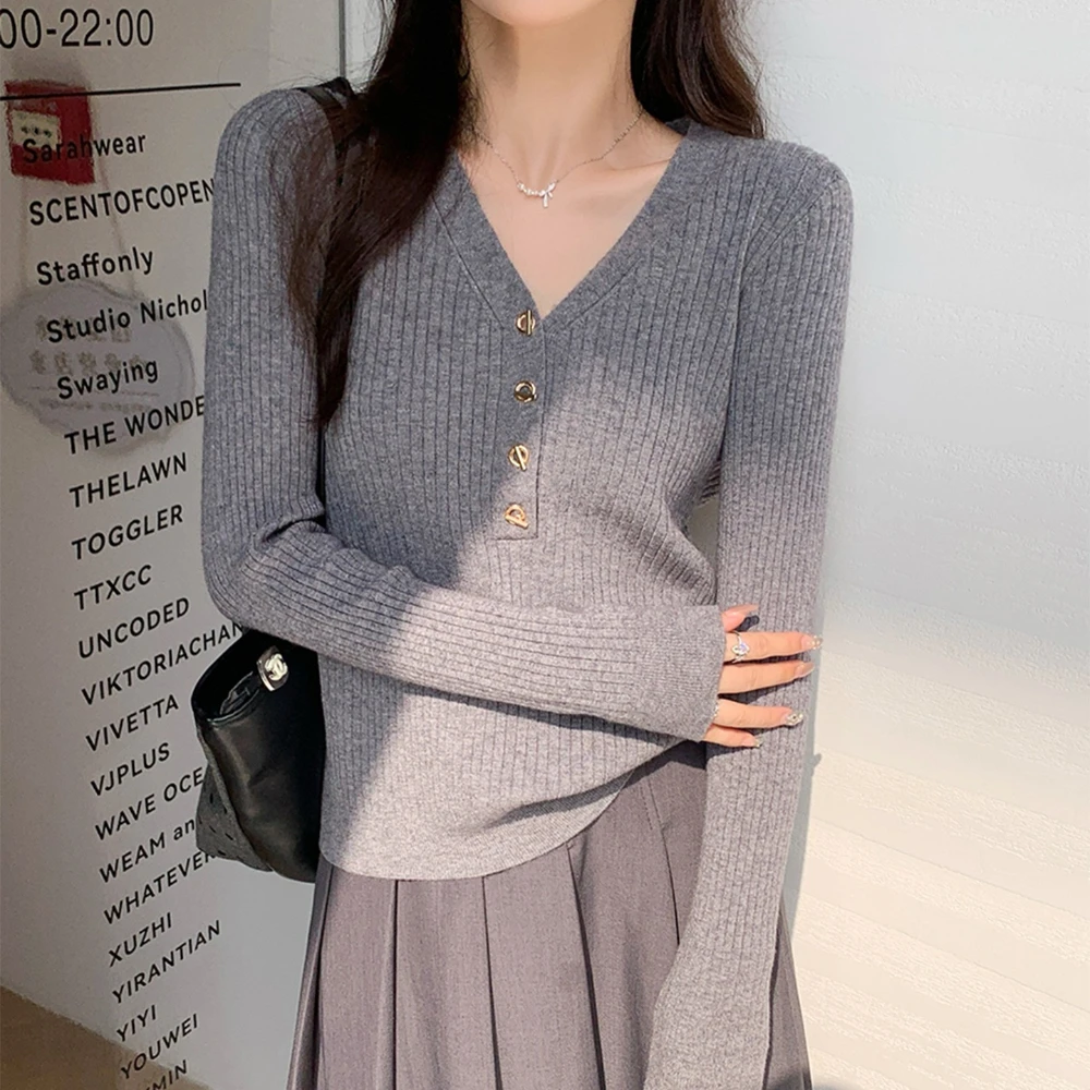 

Весенне-осенняя тонкая трикотажная рубашка с v-образным вырезом, женский пуловер, свитер, топы, женские эластичные трикотажные рубашки с длинными рукавами, трикотаж