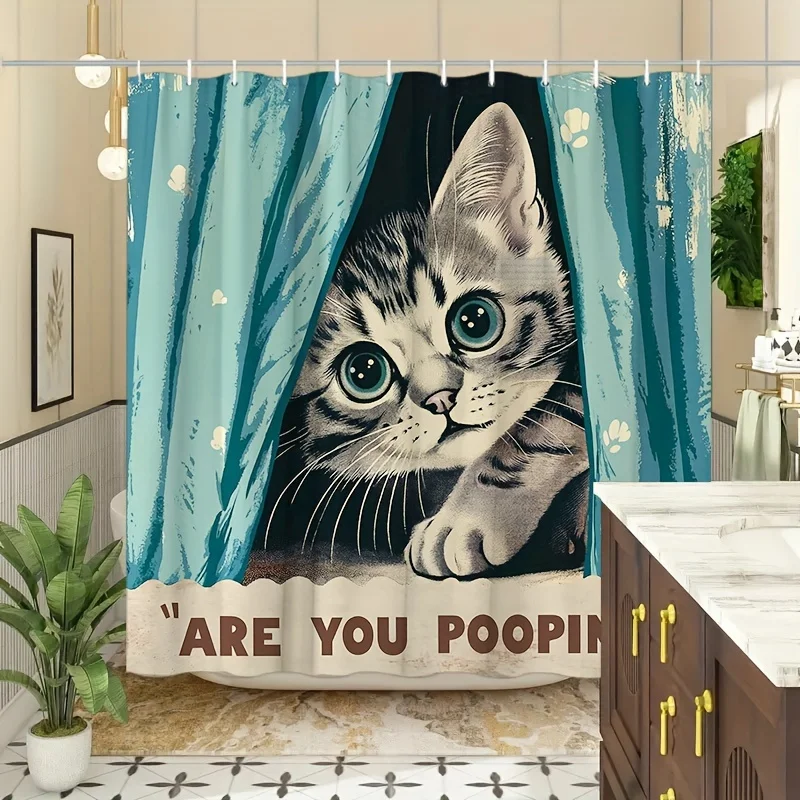 1pc Funny Cat Shower Curtain, Vintage Cartoon Humorous Cute Animal, Home Decor, Waterproof Bathroom Partition, Polyester Fabric,