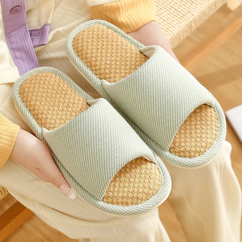 WDZKN Concise Summer Home Linen Slippers Women Open Toe Slip-On Indoor Bedroom Flat Non Slip Comfort Couple Slippers H5016G