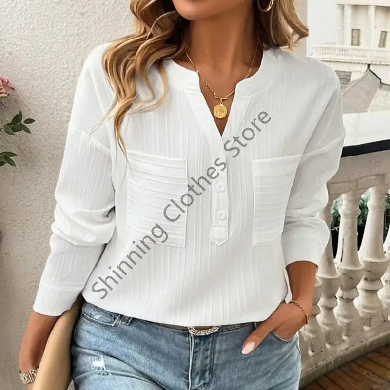 

M68A Women's Casual Long Sleeve Button-Down Shirt Elegant Textured Solid Color Soft Lining with Pockets