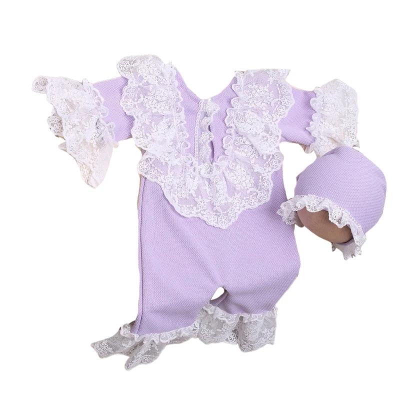 

Y1UB Adorable Newborns Photo Costume, Soft & Breathable Lace Romper Pagoda Sleeve with Matching Hat for 0-1 Month Babies