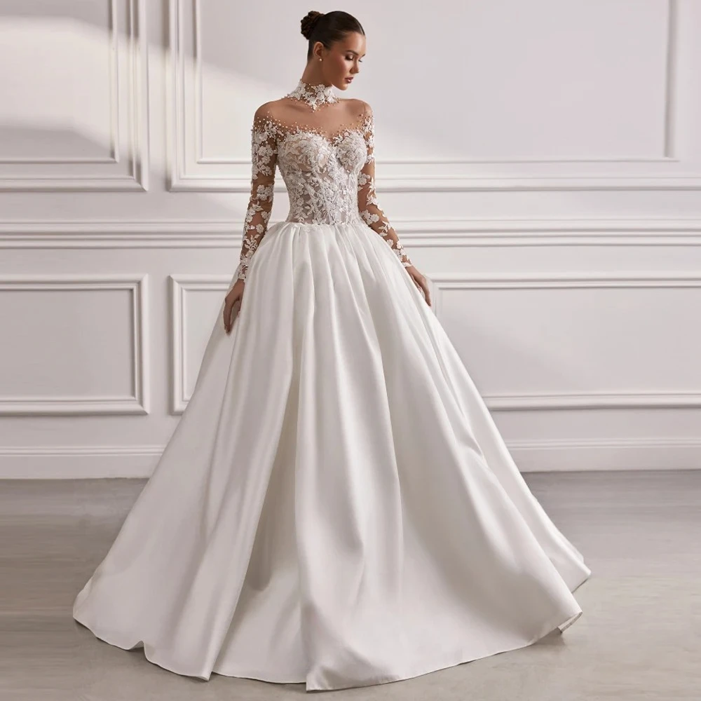 

Princess Satin A-line Wedding Dresses For Bride High Neck Long Sleeves Beading Pleat Bridal Gown Robe De Mariée Customization