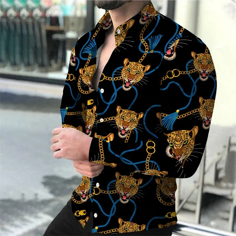 2023 Leopard Men's Shirts Casual Suit Lapel Button Fashion Outdoor Street Long Sleeve Men's Dress Tops Hot Sale European Size