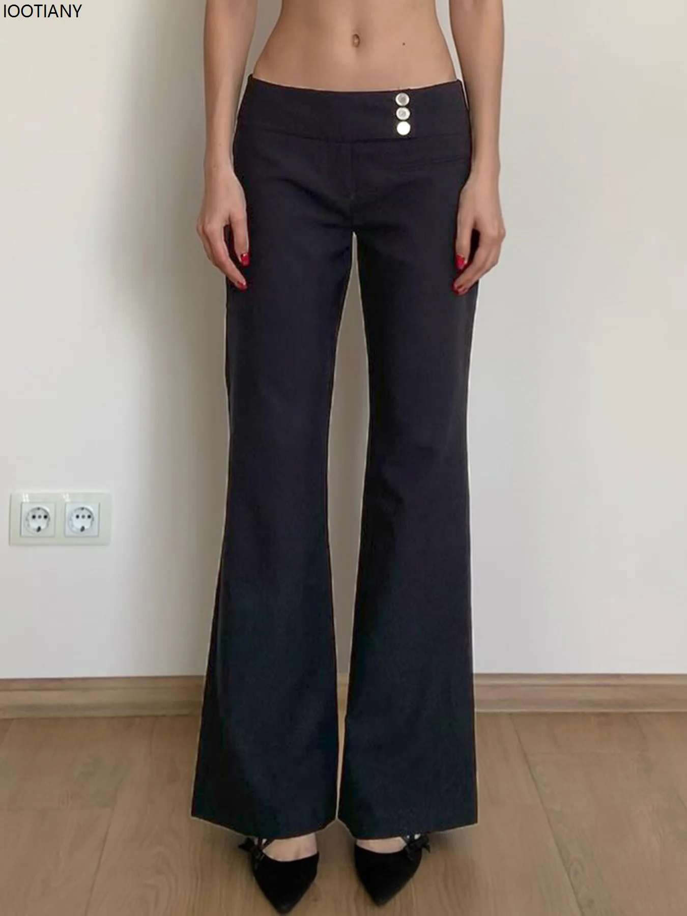 

Low-rise Black Casual Pants Women's Button-down Slim Flare Pants Vintage 2000s Solid Harajuku Capri Pants Bootcut Trousers 2025