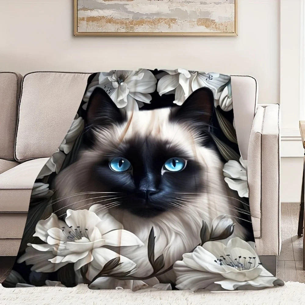 Art‑inspired Flannel Blanket Ragdoll Cat Surrounded With White Floral Print Warm Plush Throw for Bedroom Indoor Artistic