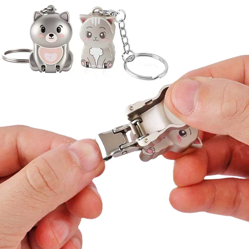 1 Uds. Exquisito llavero con forma de cachorro y gatito, cortaúñas plegable, cortaúñas giratorio de acero inoxidable para uñas de los pies y manicura