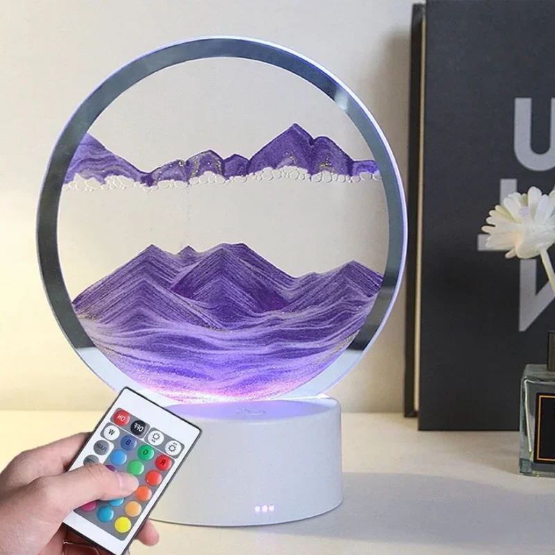 3D 컬러 LED 흐르는 모래 그림 테이블 램프 아트 그림, 둥근 유리 모래 시계 야간 조명, 침대 옆 램프, 홈 오피스 장식
