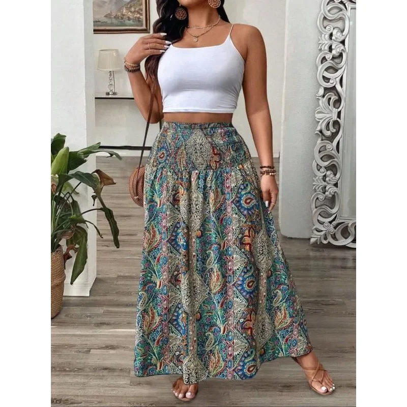 プラスサイズ 1XL-5XL 女性のボヘミアンプリントスカートレディースレジャー気質丈スカート弾性ウエスト女性ロングスカート