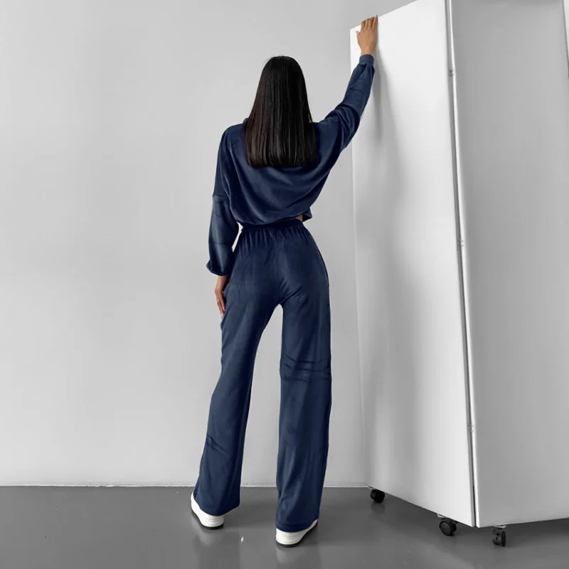 Autumn Winter Tracksuit Fashionable Sporty Navy Blue Small Stand Collar Two-Piece Sport Pants Set For Street Casual Women'S Wear