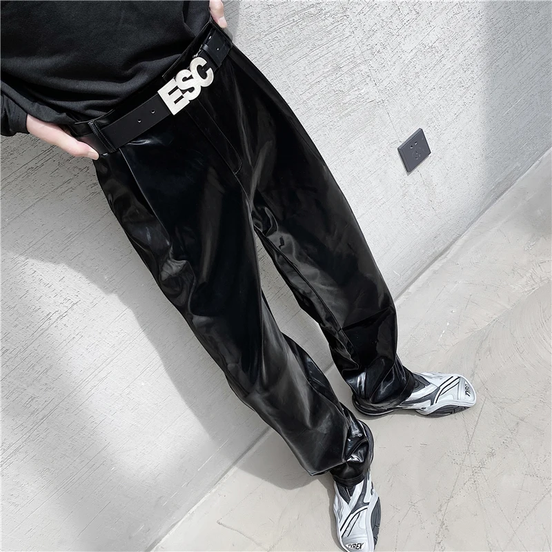 LUZHEN Trendy Elegant Men\'s Glossy Leather Straight Casual Pants High Quality Street Pu Stretch Trousers 2024 Stylish New 5fe326