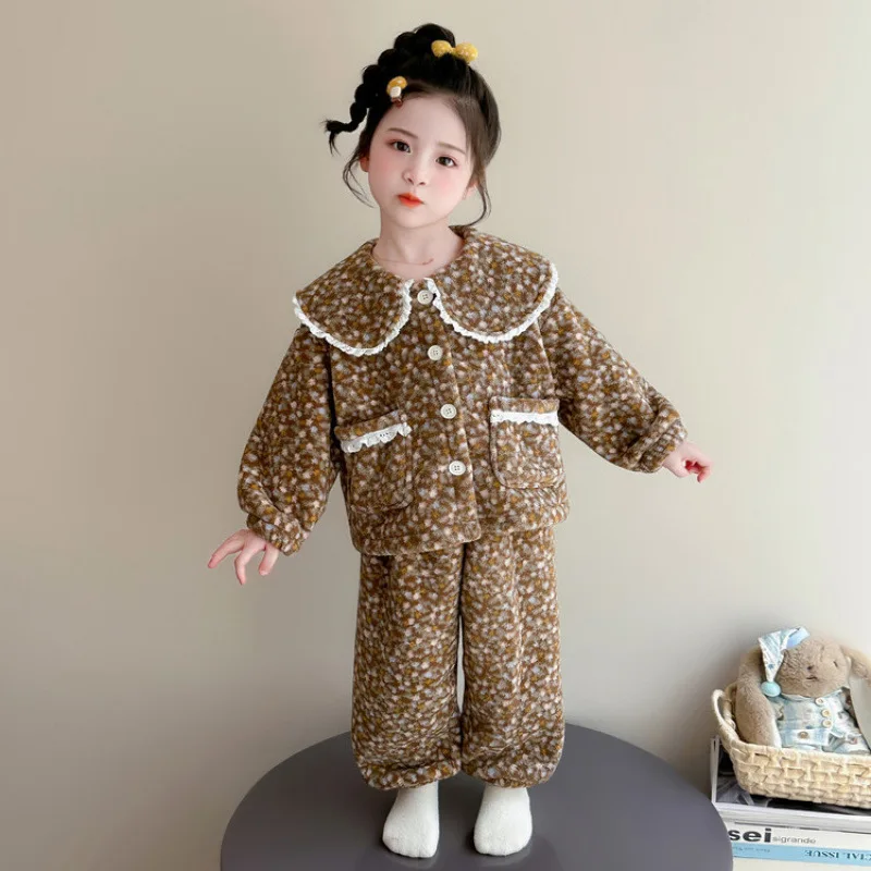 Fall Winter Little Girl Doll Collar All Over Small Floral Loose Pajamas Sleep Pants 2026 Kids Loungewear Warm Set