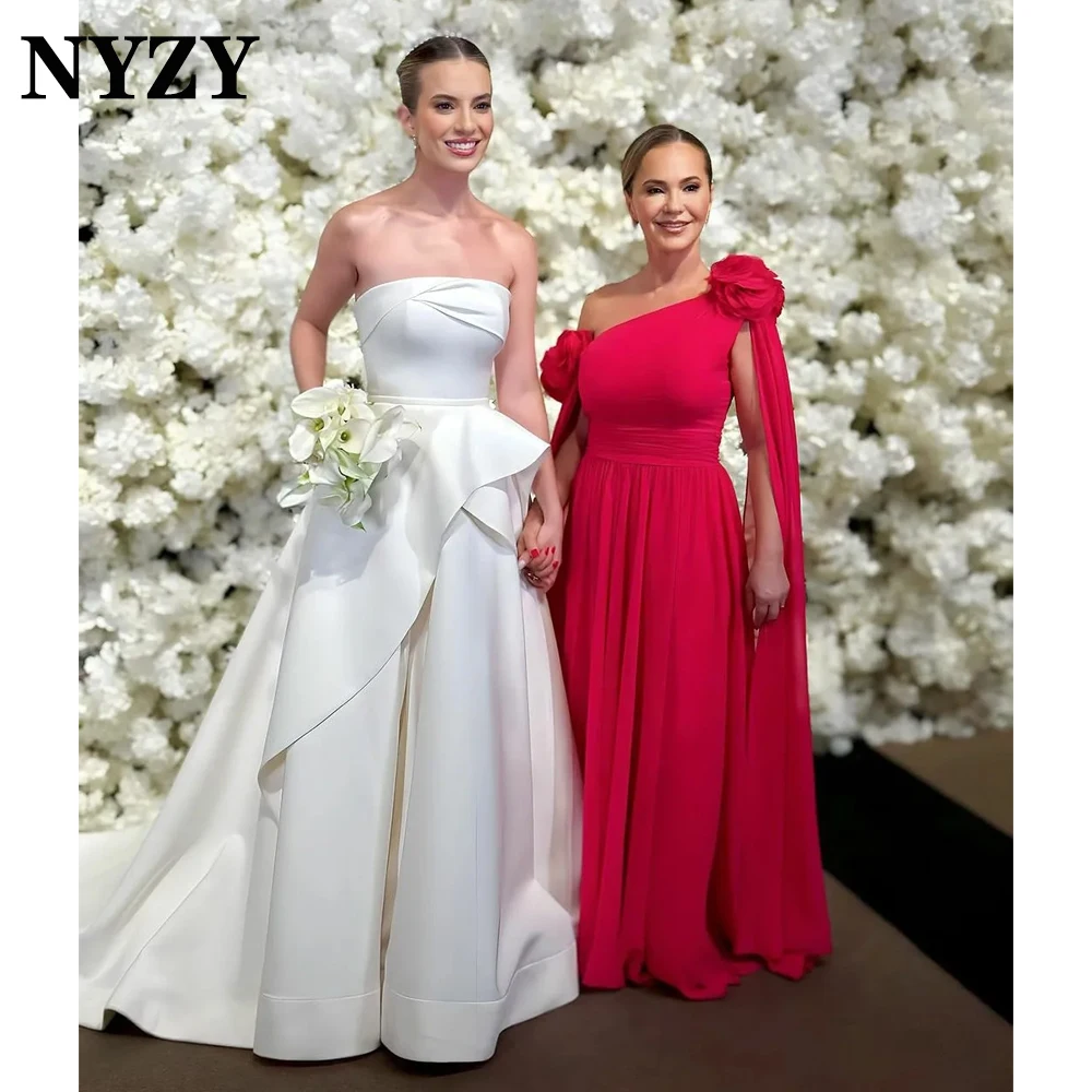 NYZY M429 Customized Brush Train One Shoulder 3D Flowers Cape Sleeves Mother of the Bride Dresses Red Evening Gowns 2025