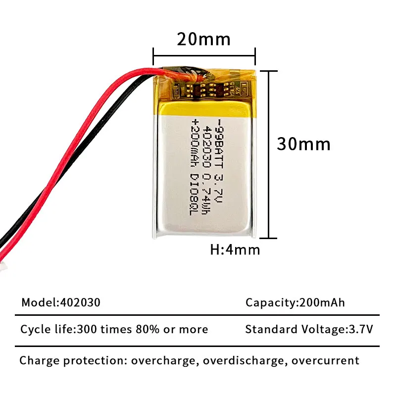 10pcs 3.7V 200mAh 402030 042030 Lipo Battery Lithium Polymer Batteries 502030 for Wireless Headset Smartwatch Web Camera Pack