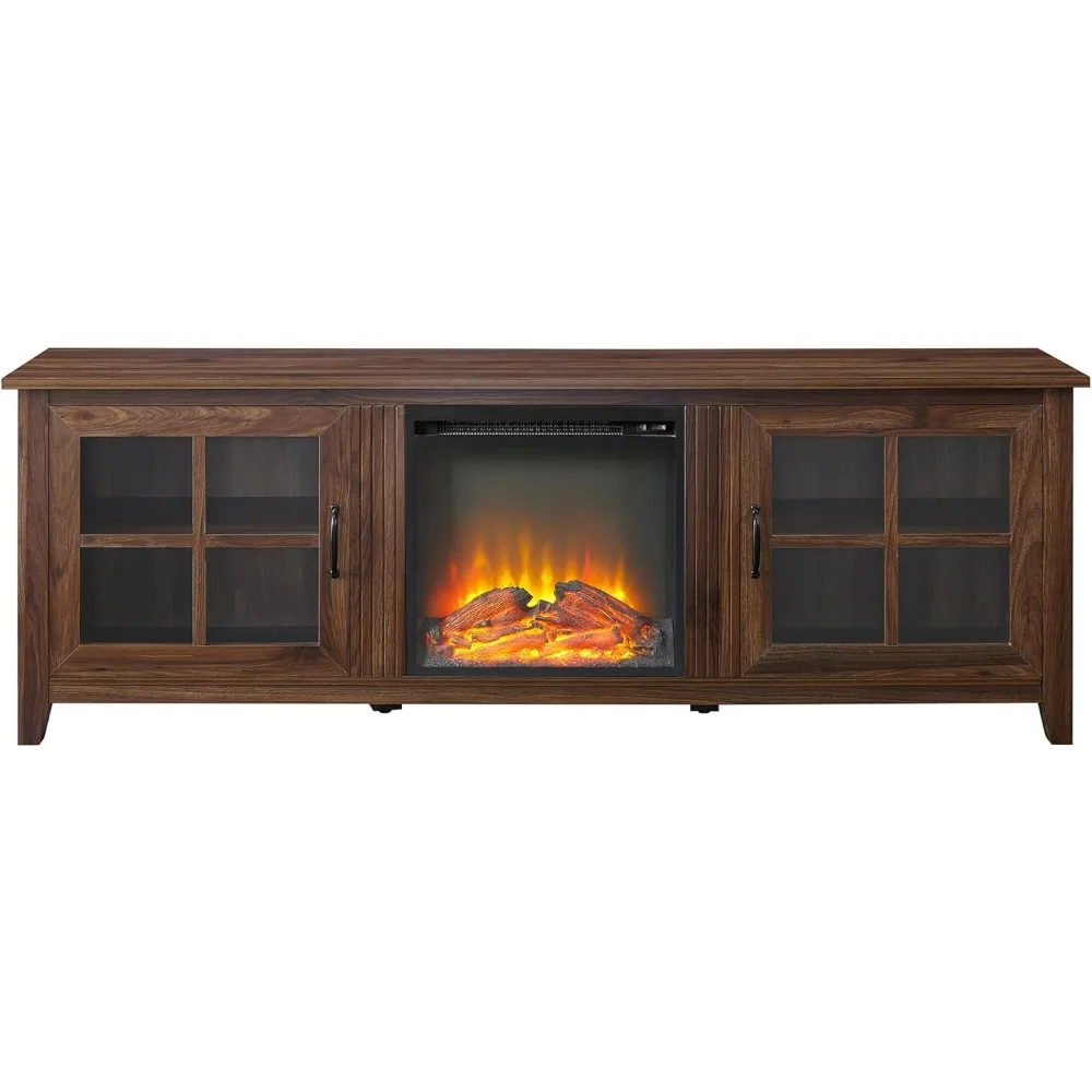 2 Glass Door Fireplace TV Stand for TVs Up To 80 Inches, 70 Inch, Walnut