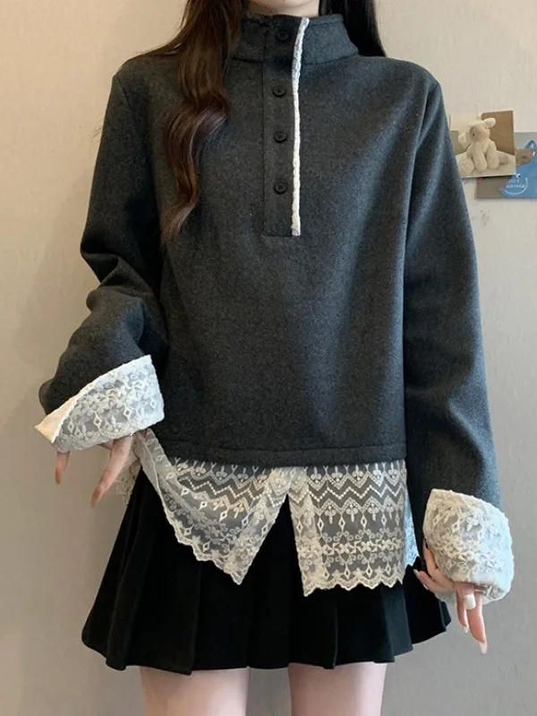 

Ey шерстяной свитшот Jaet, кружевной лоскутный воротник-стойка, зимняя верхняя одежда больших размеров, женский повседневный топ без рукавов