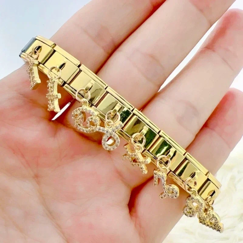 

Hot Original Zodiac Sign Italian Charms Links Fit 9mm Modular Bracelet Stainless Steel Zircon Constellation Jewelry Making