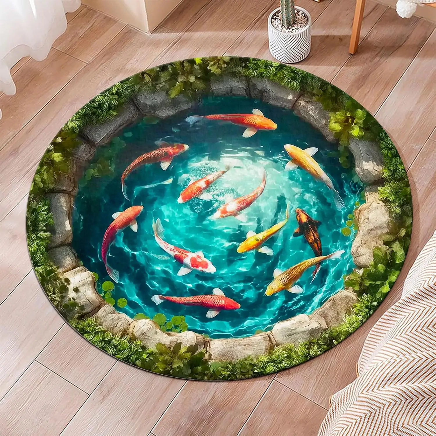 Nature Style Round Area Rug Koi Fish Lotus Pond Circular Carpet Zen Garden Decor Mat for Living Room Bedroom Washable Area Rug