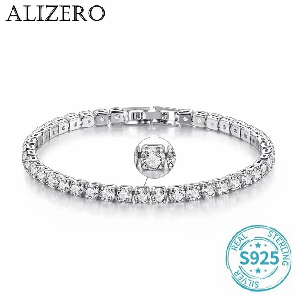 ALIZERO S925 Sterling Silber Armband Zirkonia Tennis Ball Frauen Mode Einfache Verlobung Hochzeit Charme Schmuck 4mm 16-23 cm – Detail 4