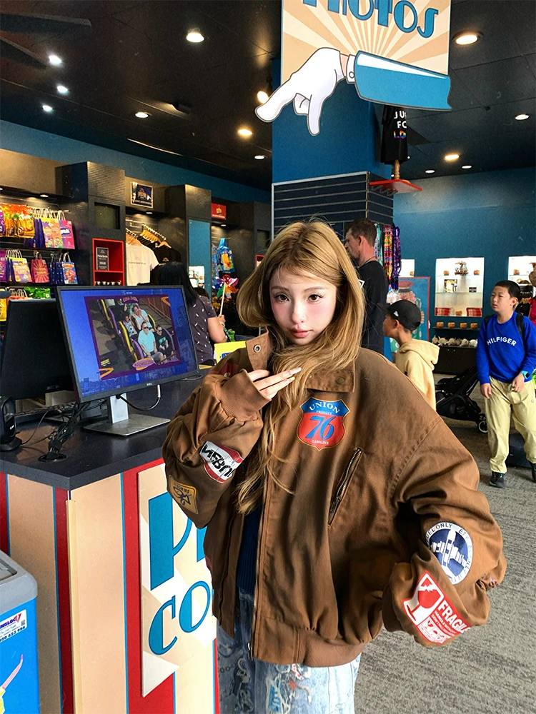 

Американская ретро-куртка-бомбер из денима для женщин, свободного кроя, хлопковая, в стиле бейсбольной формы, зимняя верхняя одежда