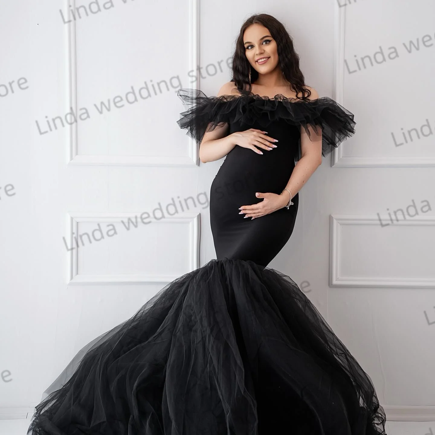 BlACK Mermaid Maternity Dresses Off The Shoulder Sleeveless Vestidos De Noche Pregnancy Photography Babyshower Gowns Dressing