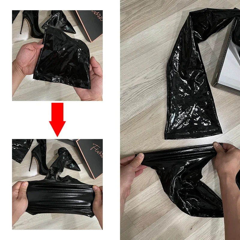 Ftshist-スティレットヒールのセクシーなメタリックソックスブーツ、ロングフェチブーツ、プラスサイズ、膝上、ナイトクラブのクイーンシューズ、PUレザー、12cm