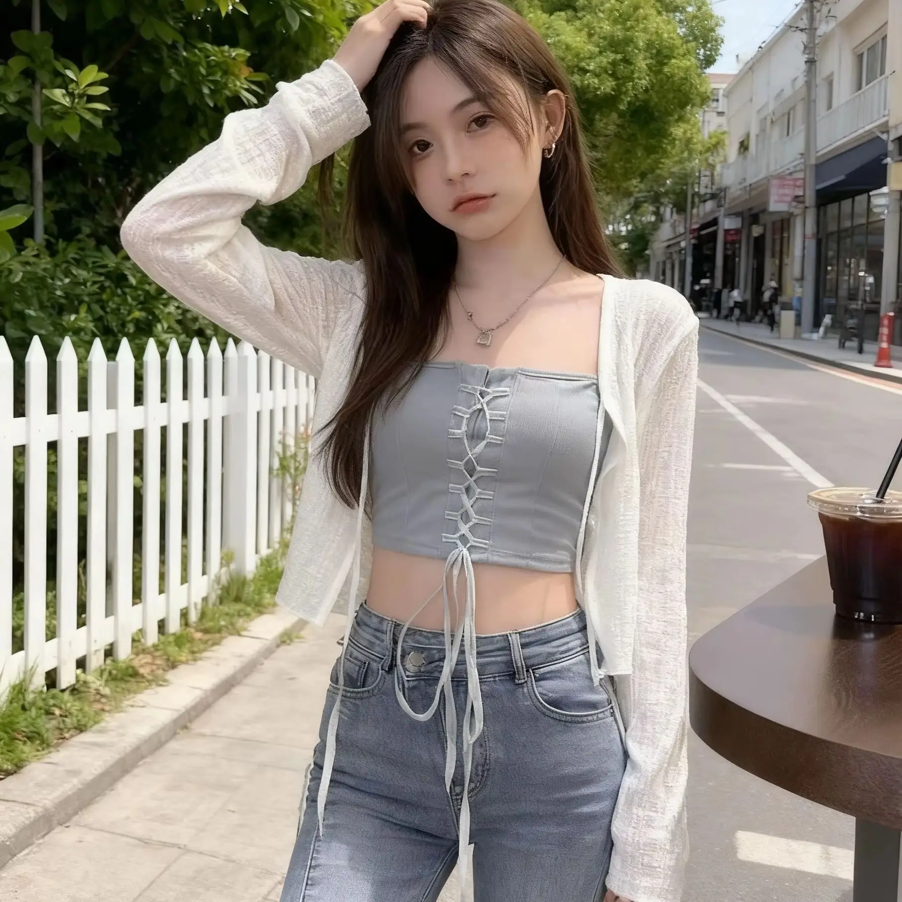 

Белый летний кардиган с завязками, женский сексуальный прозрачный сетчатый укороченный топ с длинными рукавами, женская шикарная универсальная короткая футболка с принтом Mujer