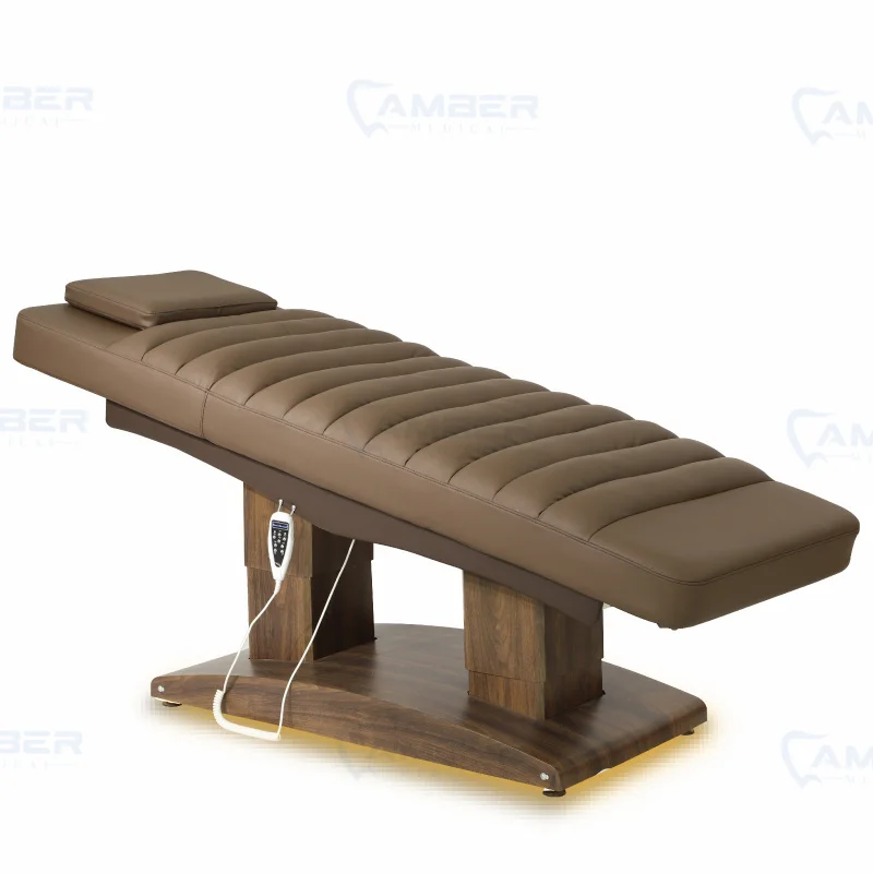أثاث الصالون، سرير تدليك كهربائي قابل للتعديل، قاعدة خشبية بنية، سرير تجميل الوجه لصالون تجميل الوجه
