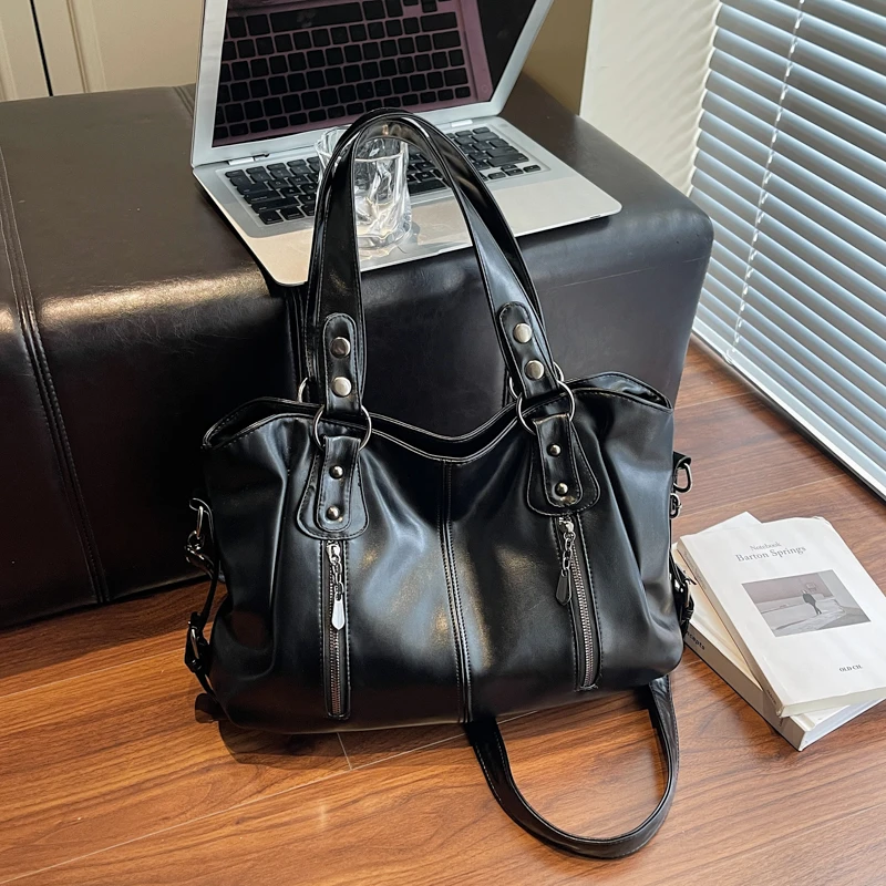 Women Vintage Soft PU Leather Hobo Handbag Large Capacity Shoulder Crossbody Bags for Women Multi Zipper Casual Daily Tote Purse