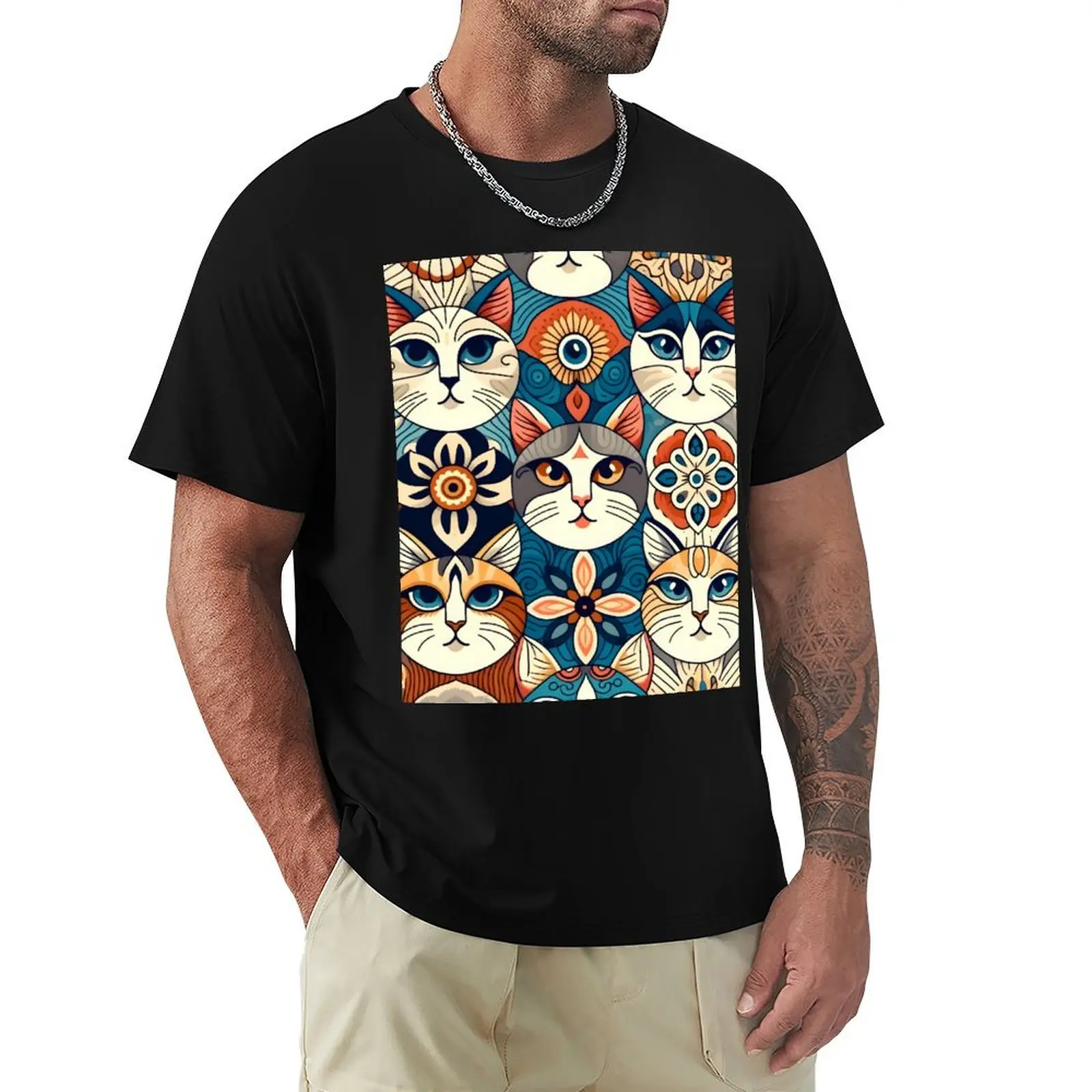 Folk Art Cat Illustration - Whimsical Feline Pattern Artwork T-Shirt graphic t shirts for man T-Shirt