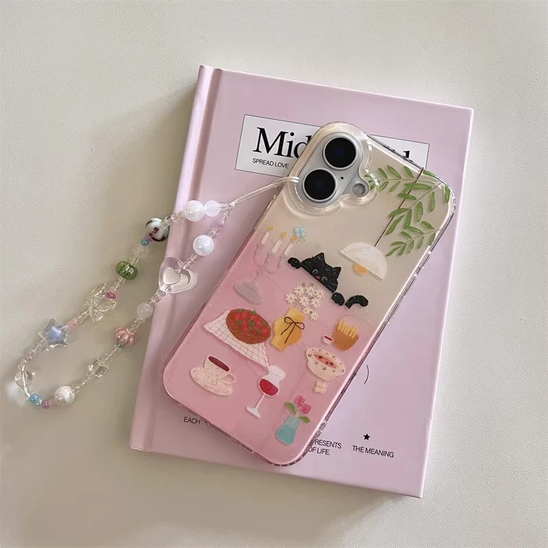 Ins Girl Cute Dining Table Little Black Cat Cartoon Phone Case For iPhone 17 16 15 14 13 12 11 Pro Max Y2K Creative Black Cover - view 3