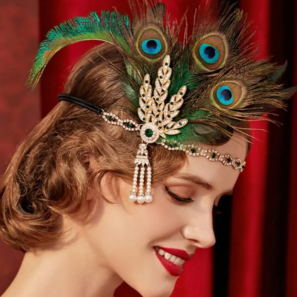 Trendy Elegant Feather Headband 1920s Vintage Masquerade Hair Band Diamond Makeup Party Hair Accessories Women