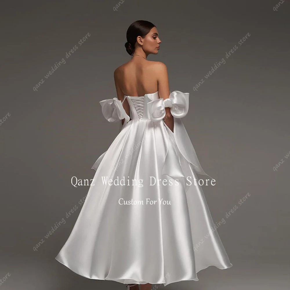 Qanz White High Quality Wedding Dress Bow Straps Long A Line Backless Vestido De Novia Boda Women Bridal Gowns Customized