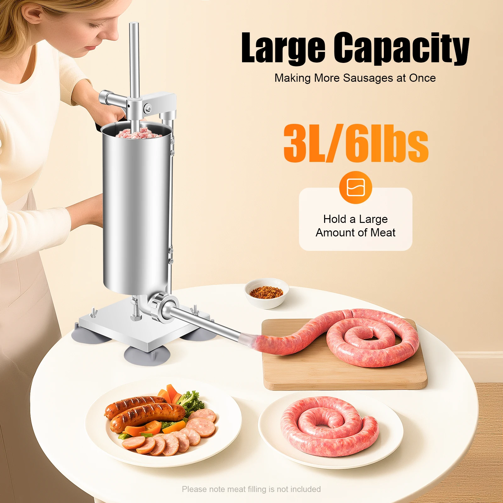 Manual Sausage Stuffer 3L, Stainless Steel Vertical Sausage Maker with 6 Sizes Tubes for Home Kitchen, Chicken Sausage Making