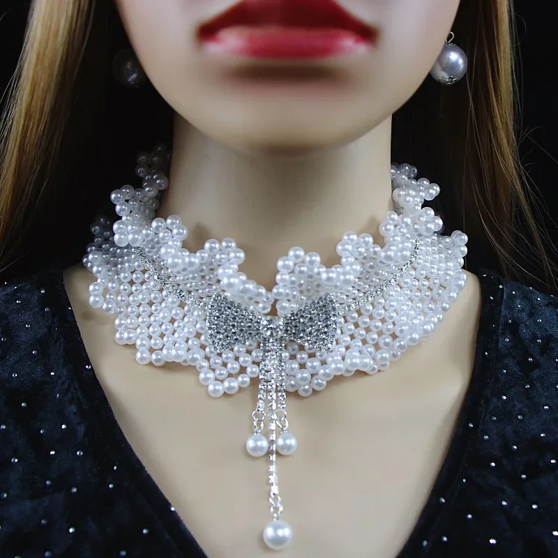 White Pearl Wide Necklace for Women Bowknot Choker Trend Chain Collares On The Neck Chokers Party Accessories